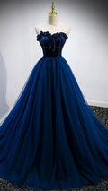 Trägerloses blaues A-Linien-Ballkleid, elegantes Abendkleid Y839