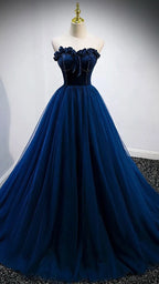 Trägerloses blaues A-Linien-Ballkleid, elegantes Abendkleid Y839