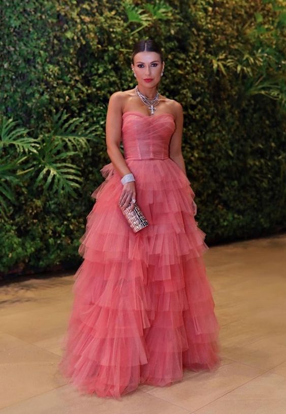 Vestido de noche romántico de tul con volantes en capas, vestido de fiesta de tul sin tirantes Y1057