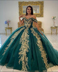 Vestidos de quinceañera verde oscuro con apliques dorados de lentejuelas y cola larga Y962