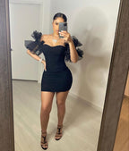 Vestido corto de fiesta negro con volantes y mangas abullonadas para mujer, de malla, con hombros descubiertos, Y786
