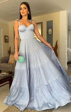 Elegante vestido de fiesta largo azul de corte A, vestido de noche encantador Y1081