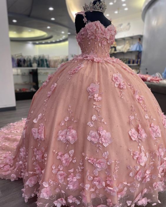 Lujoso vestido de princesa con apliques 3D en color rosa para quinceañeras Y824