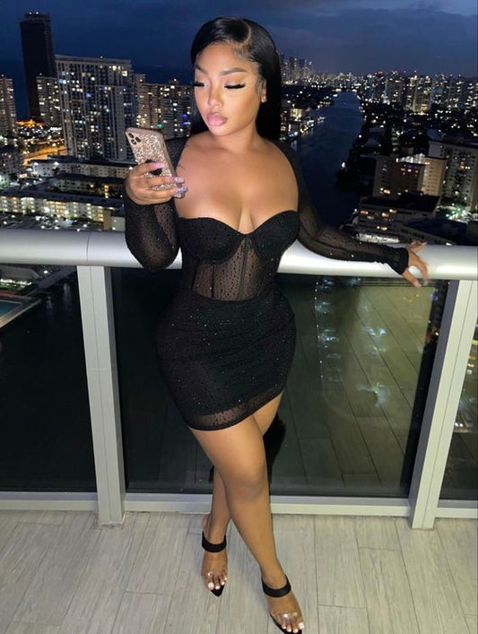 Schwarzes Langarm-Bodycon-Kleid, Sexy Cocktailkleid, Mini-Homecoming-Kleid Y837