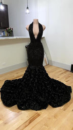 Schwarzes Neckholder-Meerjungfrau-Abendkleid mit 3D-Blume, sexy Abendkleid Y982