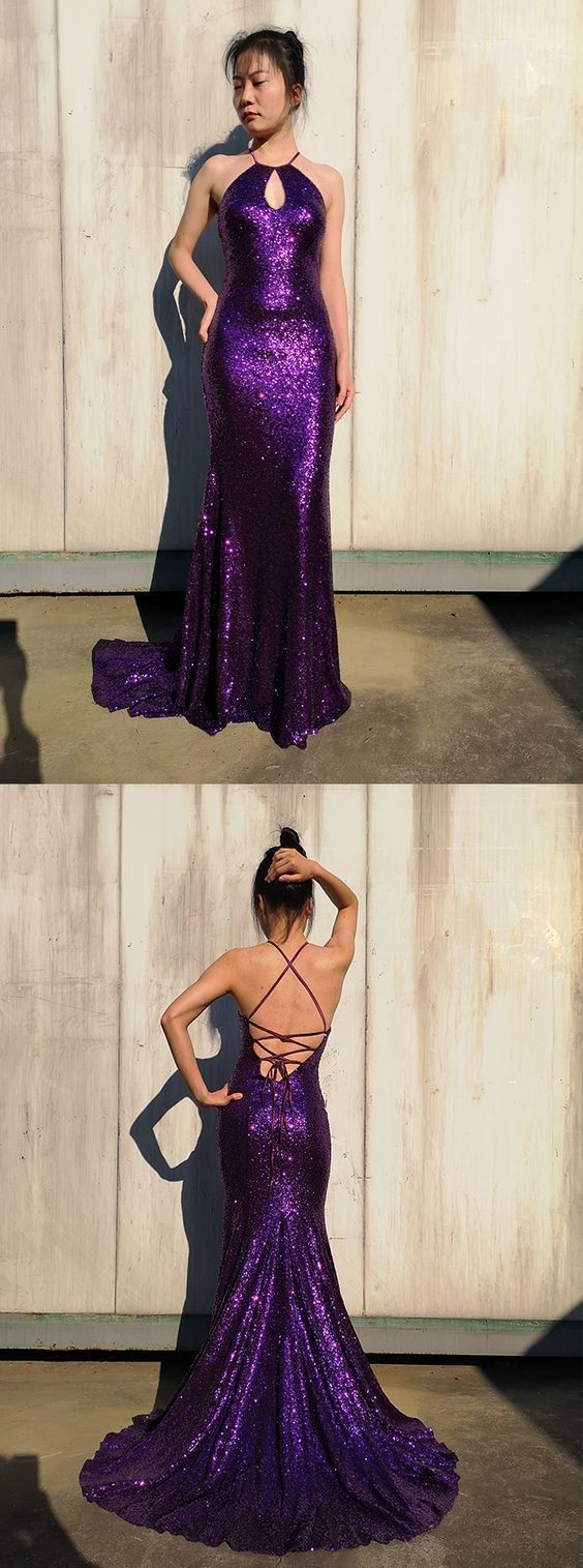Funkelndes, wunderschönes Meerjungfrau-Juwel, lila, Schlüsselloch, Pailletten, langes Ballkleid, Glitzer-Abendkleid Y1038