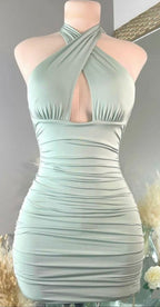 Vestido ajustado con escote halter cruzado, sexy, para cumpleaños, minivestido de bienvenida Y952