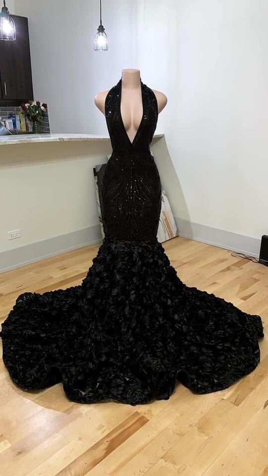 Schwarzes Neckholder-Meerjungfrau-Abendkleid mit 3D-Blume, sexy Abendkleid Y982
