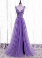 Vestido de noche de fiesta de tul con escote en V y cuentas moradas, vestido de fiesta de tul morado Y1008