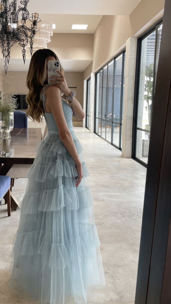 Elegante vestido de fiesta largo de tul azul sin mangas, vestido de noche rosa con escote en V y corte A Y1076