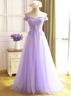 A-Linie Tüll Hellviolett Schulterfreies Langes Ballkleid, Abendkleid mit Spitzenapplikation Y918