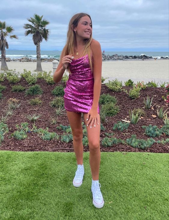Vestido ajustado con lentejuelas fucsia, minivestido sexy para fiesta de bienvenida Y1065