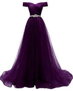 Damen A-Linie Tüll Ballkleider Schulterfrei Formales Abendkleid Y877