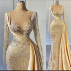 Elegante Hot Yellow Applique Long Sleeves Brautkleider Frauen Formal Pageant Kleid Y899