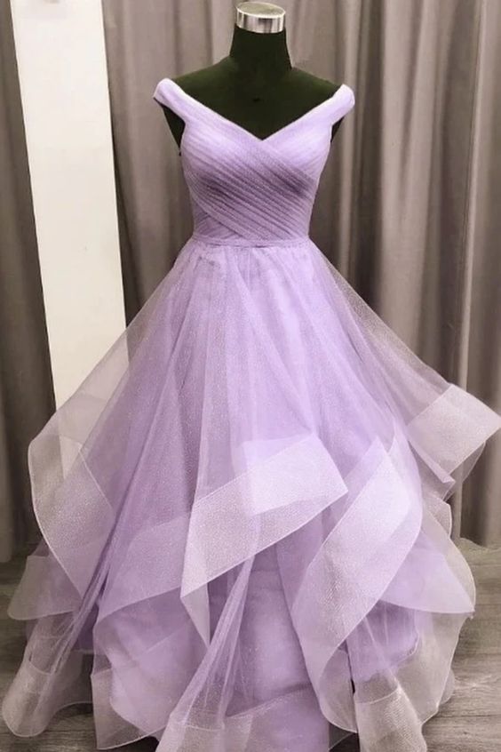 Vestido de fiesta largo de tul morado con corte A, vestido de noche Y911
