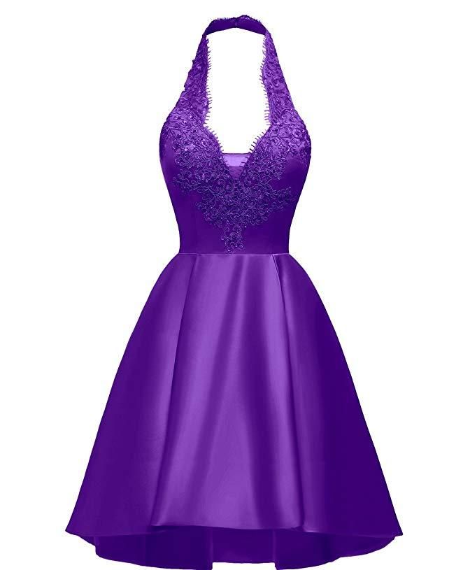 Vestido de fiesta morado con escote halter, escote en V profundo, apliques de satén, espalda descubierta, plisado, corte A, Y854