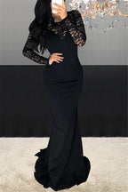 Mode Spitze Nähte Schwarz Langarm Abendkleid Y949