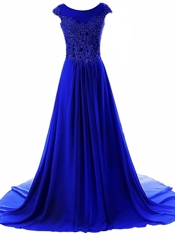 Damen Abendkleid mit Flügelärmeln, lang, Chiffon, Spitze, Ballkleid, Königsblau, Y945