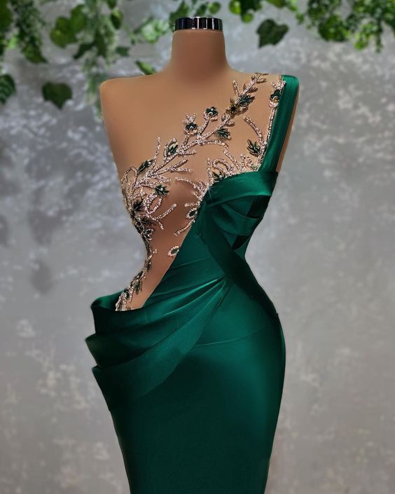 Glamoroso vestido de noche de satén verde esmeralda, vestido de desfile sexy Y757