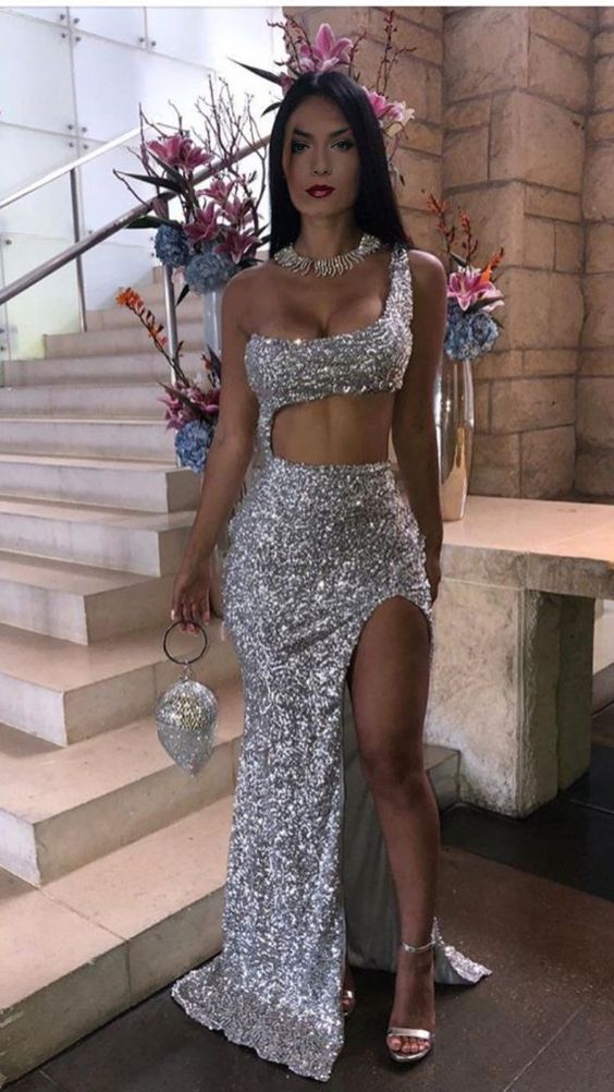 silbernes Ballkleid, Pailletten-Ballkleider, Abendkleid Y1036