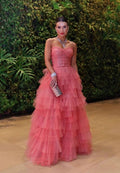 Vestido de noche romántico de tul con volantes en capas, vestido de fiesta de tul sin tirantes Y1057