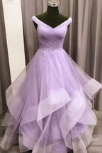 Vestido de fiesta largo de tul morado con corte A, vestido de noche Y911
