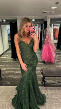 Großzügiges grünes Meerjungfrau-Abendkleid mit Spaghettiträgern und Spitze Y1030