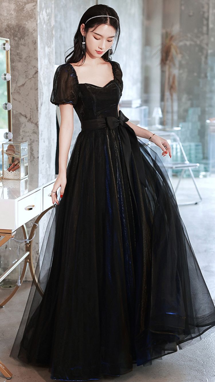 Vestido de fiesta largo de tul negro, corte A, vestido de noche Y1138