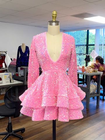 Vestido de cóctel rosa para mujer, corte A, escote en V, manga larga, vestido de fiesta Y788