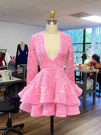 Vestido de cóctel rosa para mujer, corte A, escote en V, manga larga, vestido de fiesta Y788