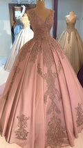 Vestido de quinceañera de satén con escote en V profundo y encaje rosa ruborizado con cuentas Y1086