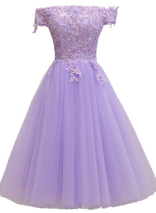 Hellviolettes schulterfreies Homecoming-Kleid aus Spitze und Tüll S11189