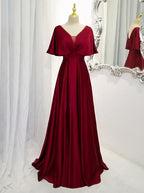 Vestido de noche de satén rojo oscuro, corte A, largo hasta el suelo, para invitada de boda Y1439