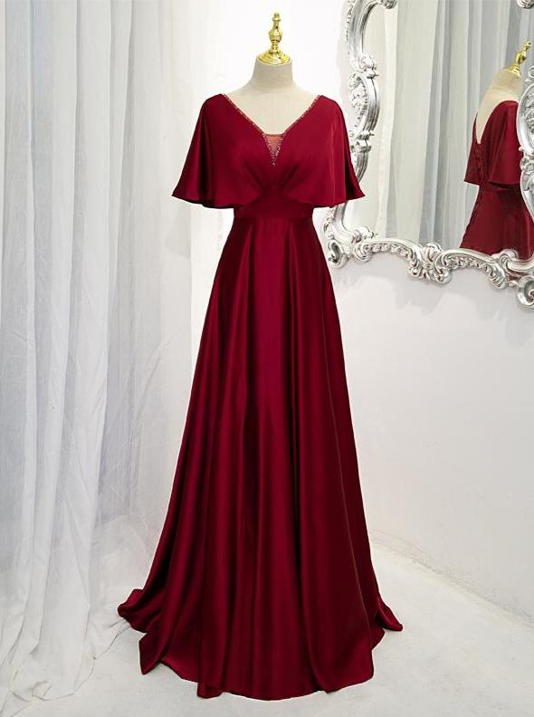 Vestido de noche de satén rojo oscuro, corte A, largo hasta el suelo, para invitada de boda Y1439