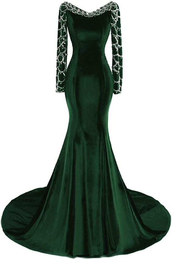 Damen Abendkleid mit langen Ärmeln im Meerjungfrauen-Stil, Dunkelgrün, Y1444