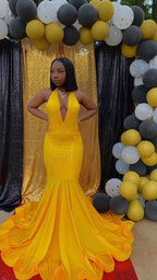 Impresionante vestido de fiesta amarillo de corte sirena, vestido de noche sexy con cola Y1709