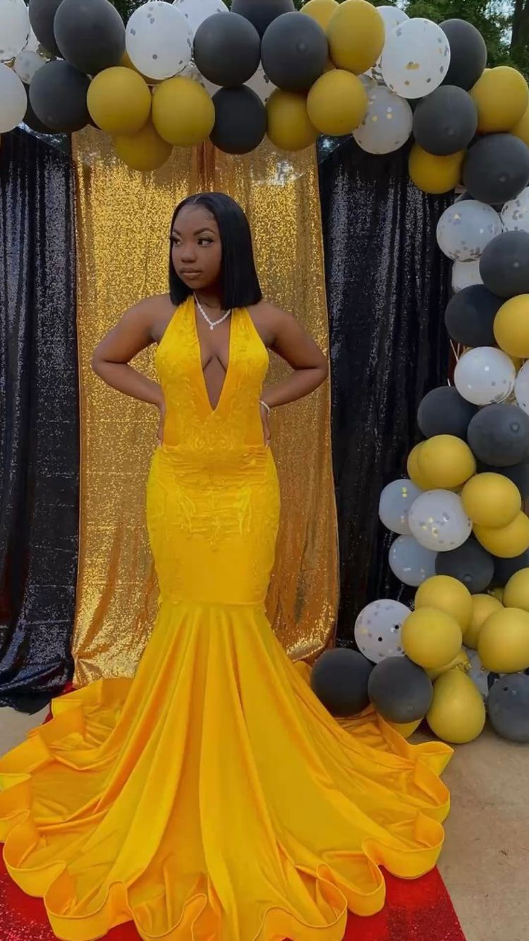 Impresionante vestido de fiesta amarillo de corte sirena, vestido de noche sexy con cola Y1709