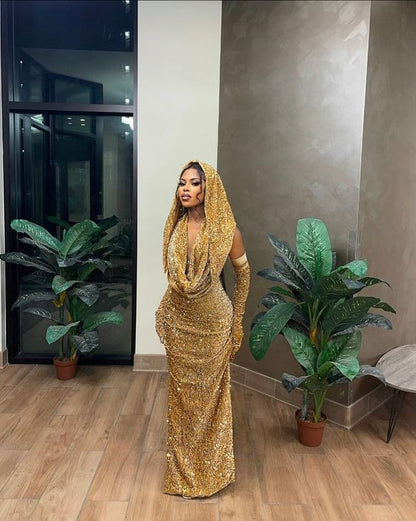 Gold Meerjungfrau Pailletten Abendkleider Sparkly Prom Kleid Y1691