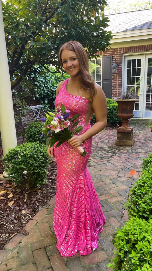 Meerjungfrau One-Shoulder Fuchsia Langes Ballkleid, Glitzerndes Abendkleid Y1677