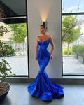 Vestidos de fiesta largos azul rey, vestidos de noche de sirena con tirantes finos Y1686