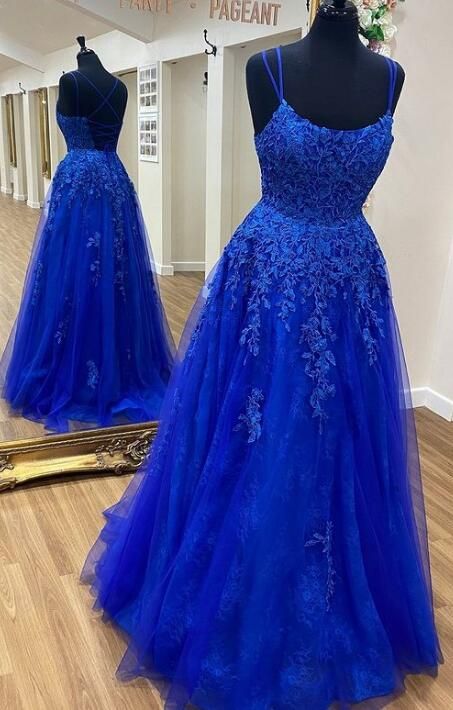 Blaues Tüll-Spitzen-A-Linien-Abendkleid mit U-Ausschnitt und Spaghettiträgern, Abendkleid Y1816