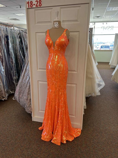 Orange Pailletten Meerjungfrau V-Ausschnitt Langes Ballkleid,Elegantes Abendkleid,Orange Formales Kleid Y1714