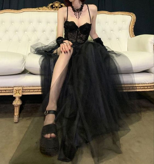 Gothic Schwarzes Spaghettiträger Tüll Ballkleid, Charmantes Abendkleid Y1766