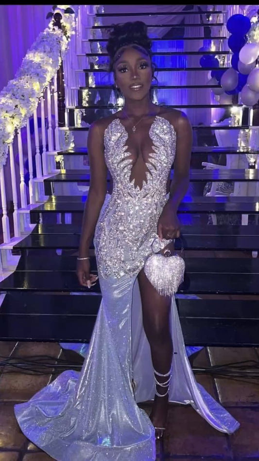 Glitzerndes silbernes Meerjungfrau-Abendkleid, schwarzes Mädchen-Ballkleid Y1706