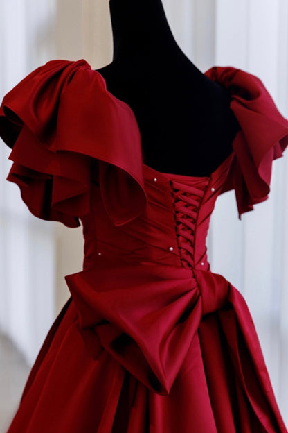 Vestido de noche largo de satén burdeos con corte A Y518
