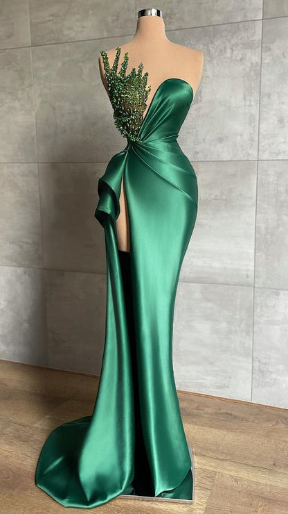 Vestido de noche largo formal con escote en V pronunciado y cuentas, color verde esmeralda, abertura alta Y596