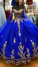 Königsblaues Tüll-Ballkleid mit goldener Spitze Sweet 16 Kleid Y530