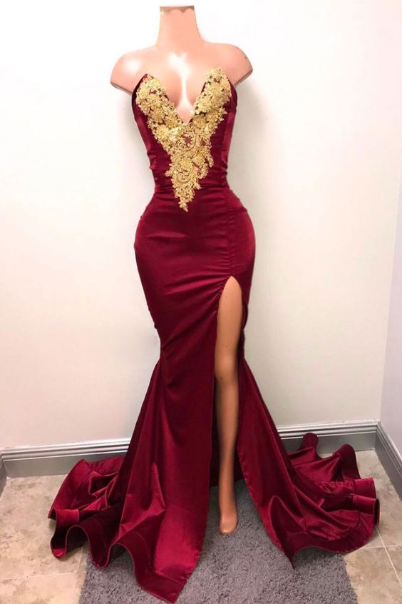 Burgunder Meerjungfrau Goldene Spitze Ballkleid, Langes Burgunder Abendkleid, Sexy Ballkleider Y552