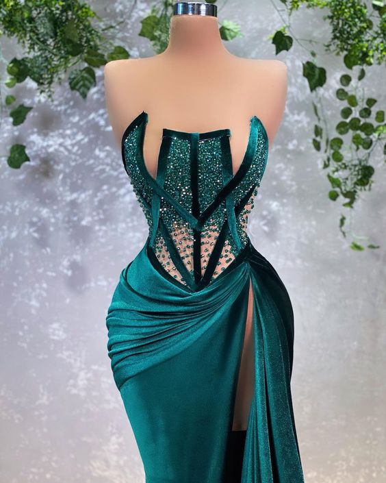 Vestido de noche sexy con cuentas, único vestido de fiesta largo con abertura alta Y569
