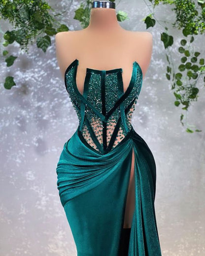 Vestido de noche sexy con cuentas, único vestido de fiesta largo con abertura alta Y569